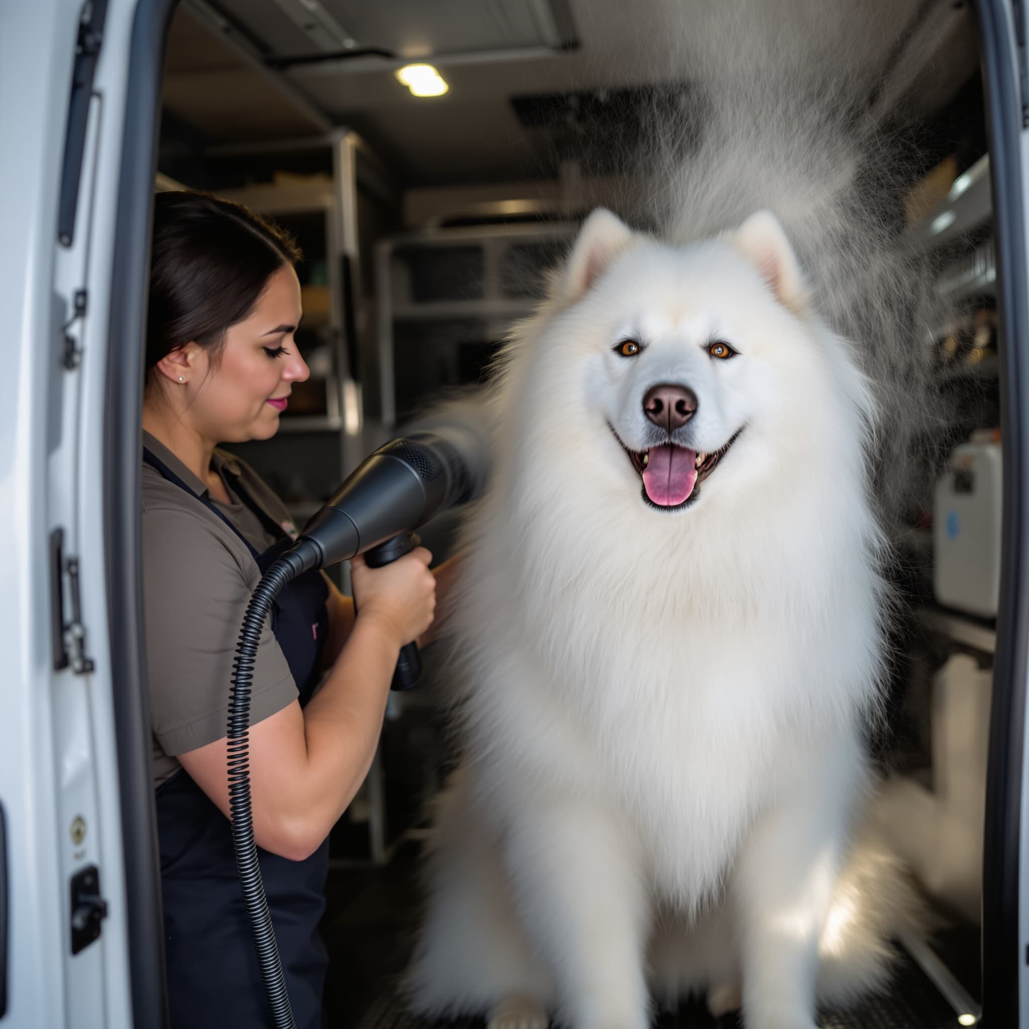 Groomer blow-drying a Samoyed inside mobile van