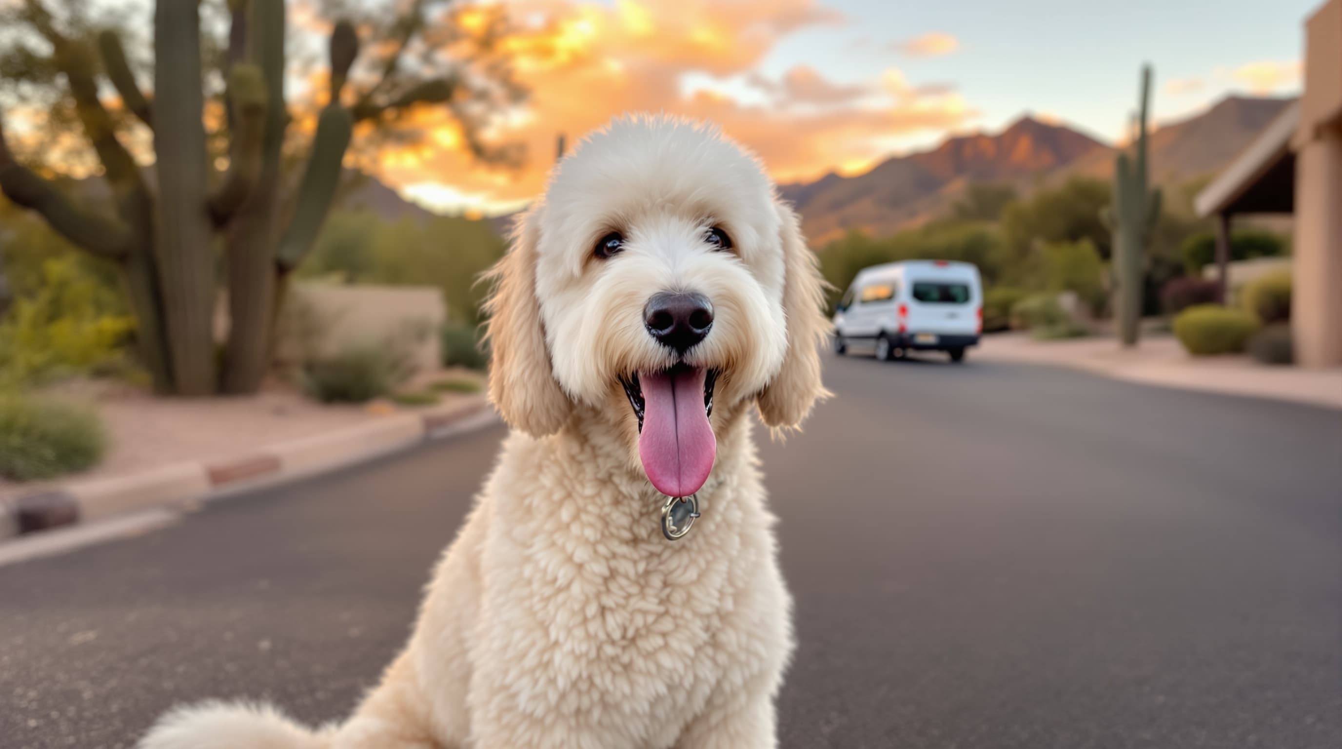 Freshly groomed goldendoodle in Scottsdale Arizona golden hour