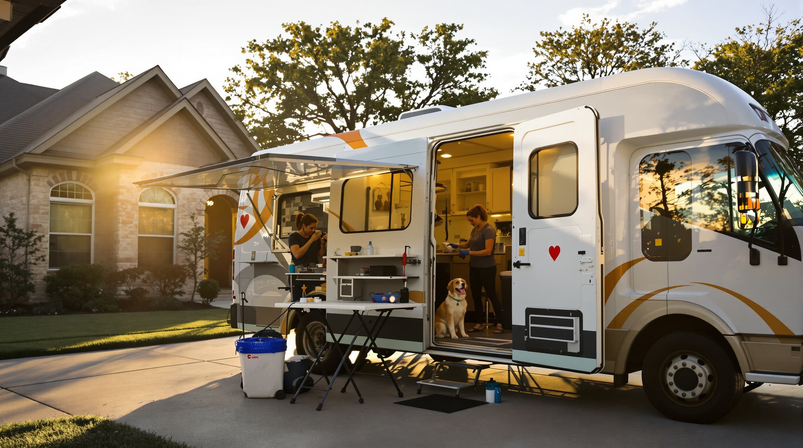 Mobile dog grooming van parked at a Scottsdale home